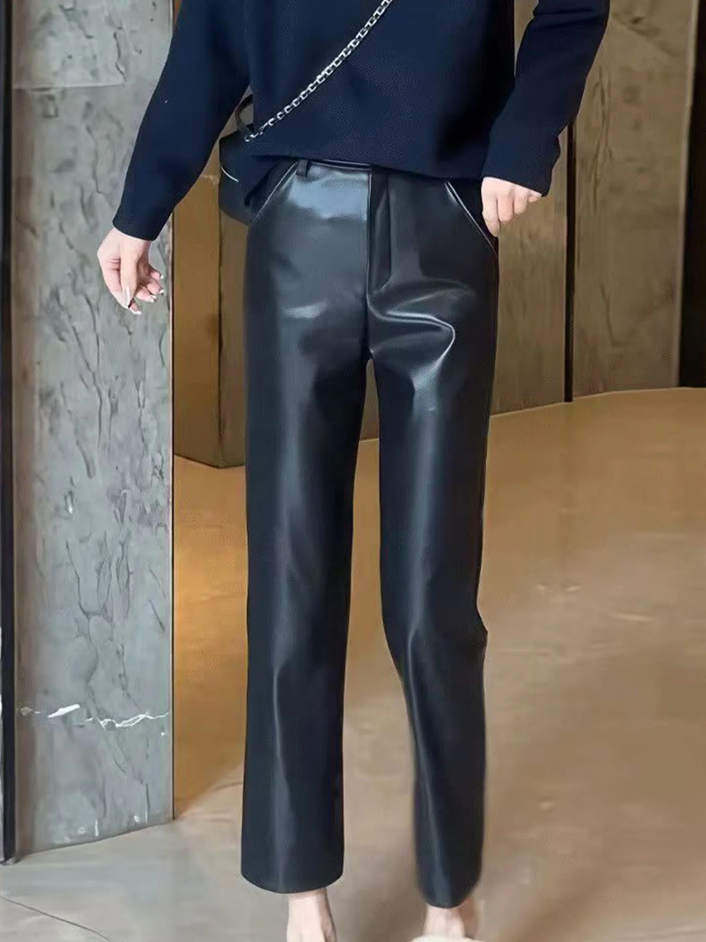 

High Waist Straight Leg PU Leather Casual Pants Women's Faion Slimming Wide Leg Nine Point Leather Pants for ort Girls