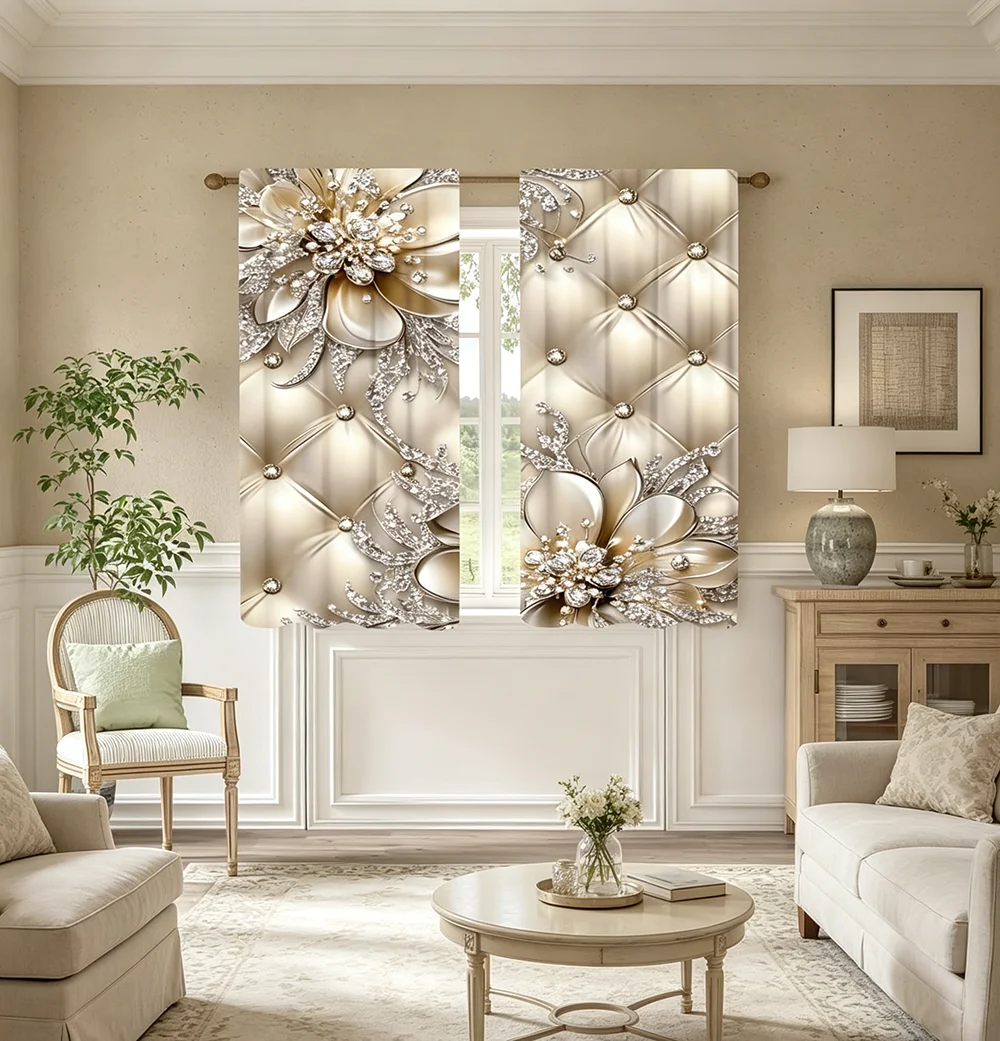 2PCS Digital Printed Curtains, Rhinestone Pearl Flower Pattern, Glamorous Elegant Style for Living Room Bedroom Home Decor