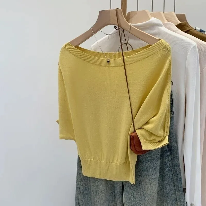 French Minimal Off Shoulder Batwing Sleeve Knit Top Women Loose Casual Summer Elegant Blouse