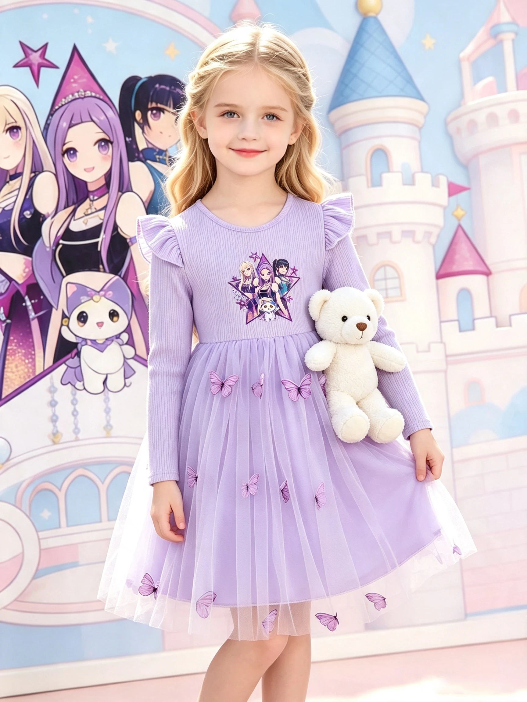 Mädchen-Cartoon-Print Langarm-Tüll-Prinzessinnenkleid, hellviolettes Kleid mit Flügelärmeln und 3D-Schmetterlingen, Kinderkleidung – Detail 3