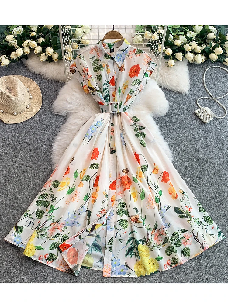 

Summer Women's Short Sleeved Printed Large Swing Dress New Fashionable Elegant French Turn-Down Collar Single Breasted Dress S69