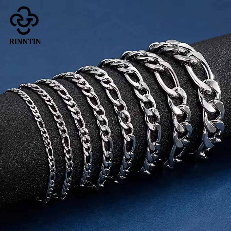 Rinntin Fashion 925 Sterling Silver Italian 3.3mm Diamond-Cut Figaro Link Chain Bracelet for Women Handmade Jewelry SB66