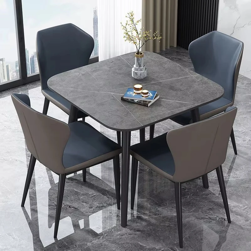 #Modern Square Dining Table Set Upholstered Chairs Gray White Wood Top Black Legs Adjustable Height Durable 4-Seater Home Dining