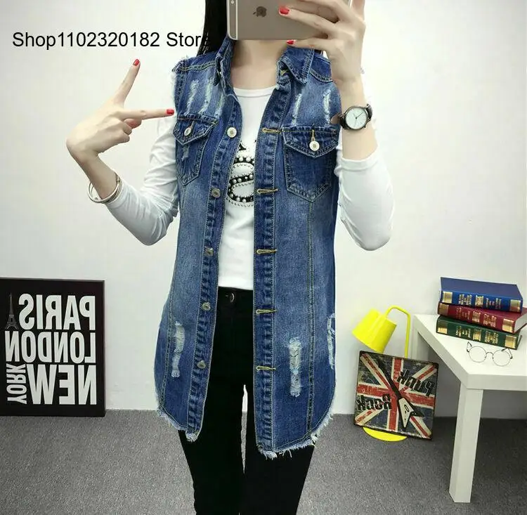 Spring Summer Denim Casual Blue Hole Sleeveless Jacket Vest Women