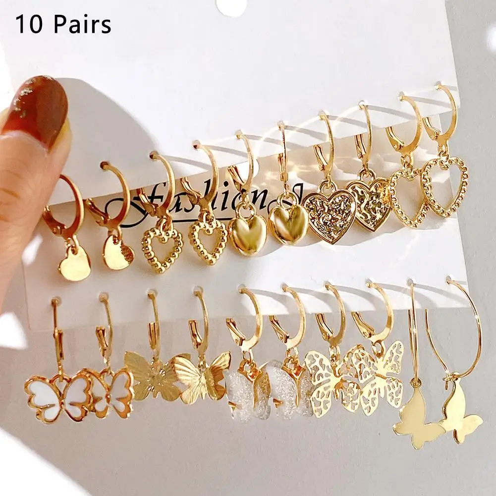 New Gold Color Butterfly Love Hoop Earrings Set New Creative Simple Heart Hollow Dangle Earring for Women Fashion Trendy Jewelry