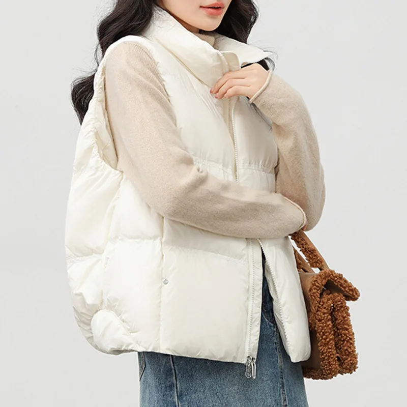 Autumn Winter Women Down Jacket Sleeveless Cardigan Vest White Duck Down Warm Puffer Jacket Chic Design Short Tops Zipper Pocket