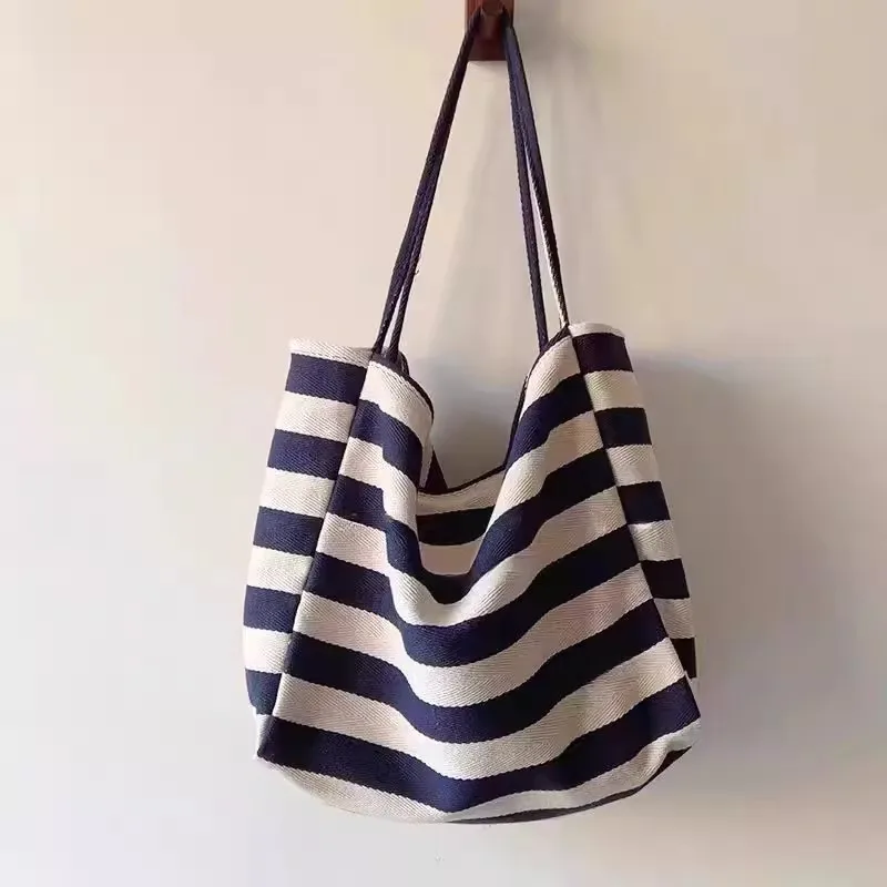 

Korean ins literary and artistic contrasting stripes canvas bag tote bag large capacity shoulder bag lazy wind bag large bag