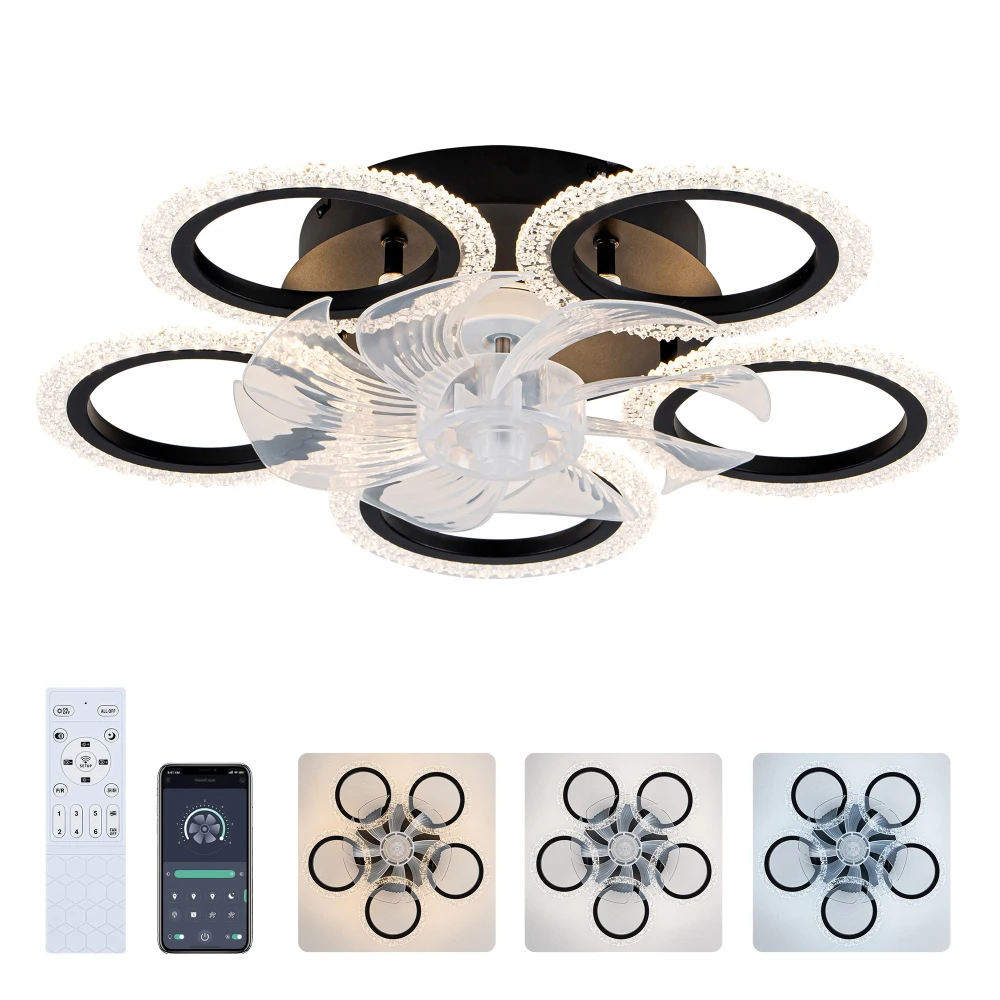 

20'' Modern Ceiling Fan with Lights: Remote, Black,6Speeds,3Colors, Low-Profile Flush Mount for Kitchen/Bedroom