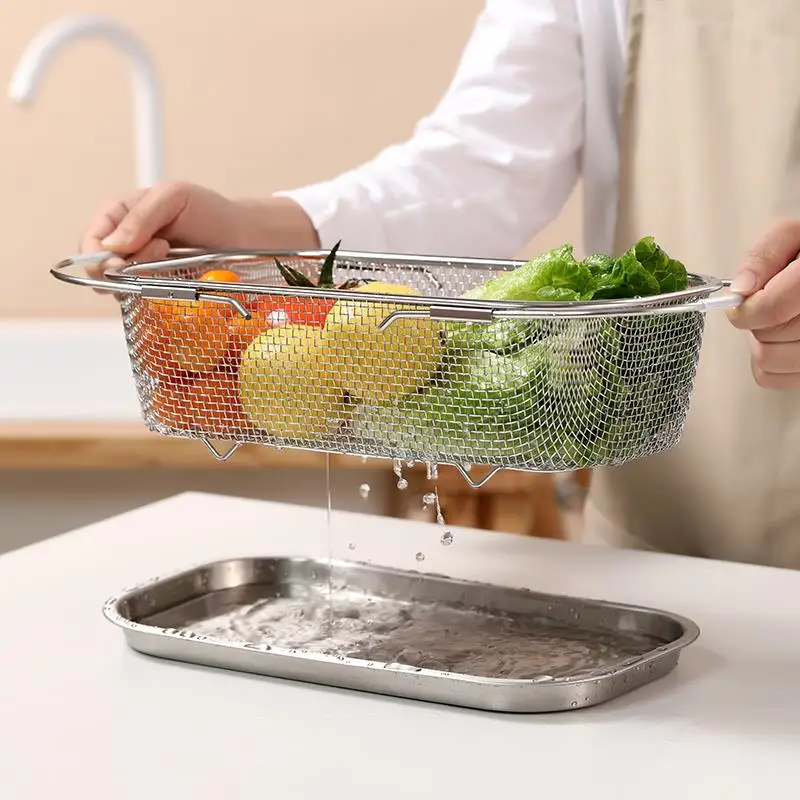 Expandable Frame 304 Stainless Steel Drain Basket Kitchen Sink Disinfection Cabinet Vegetable Fruit Washing Basket Tableware ...