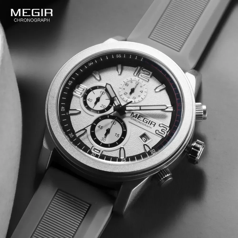 MEGIR Gray Sport Watch Men Fashion Military Analog Chronograph Quartz Wristwatch with Auto Date Luminous Hands Silicone Strap