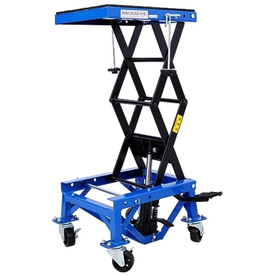 

Hydraulic Motorcycle Lift Table 300 lbs Ccity with Wide Deck Blue Motorcycles Stand W/ 4 Wheels Foot-Operated Scissor Jack for