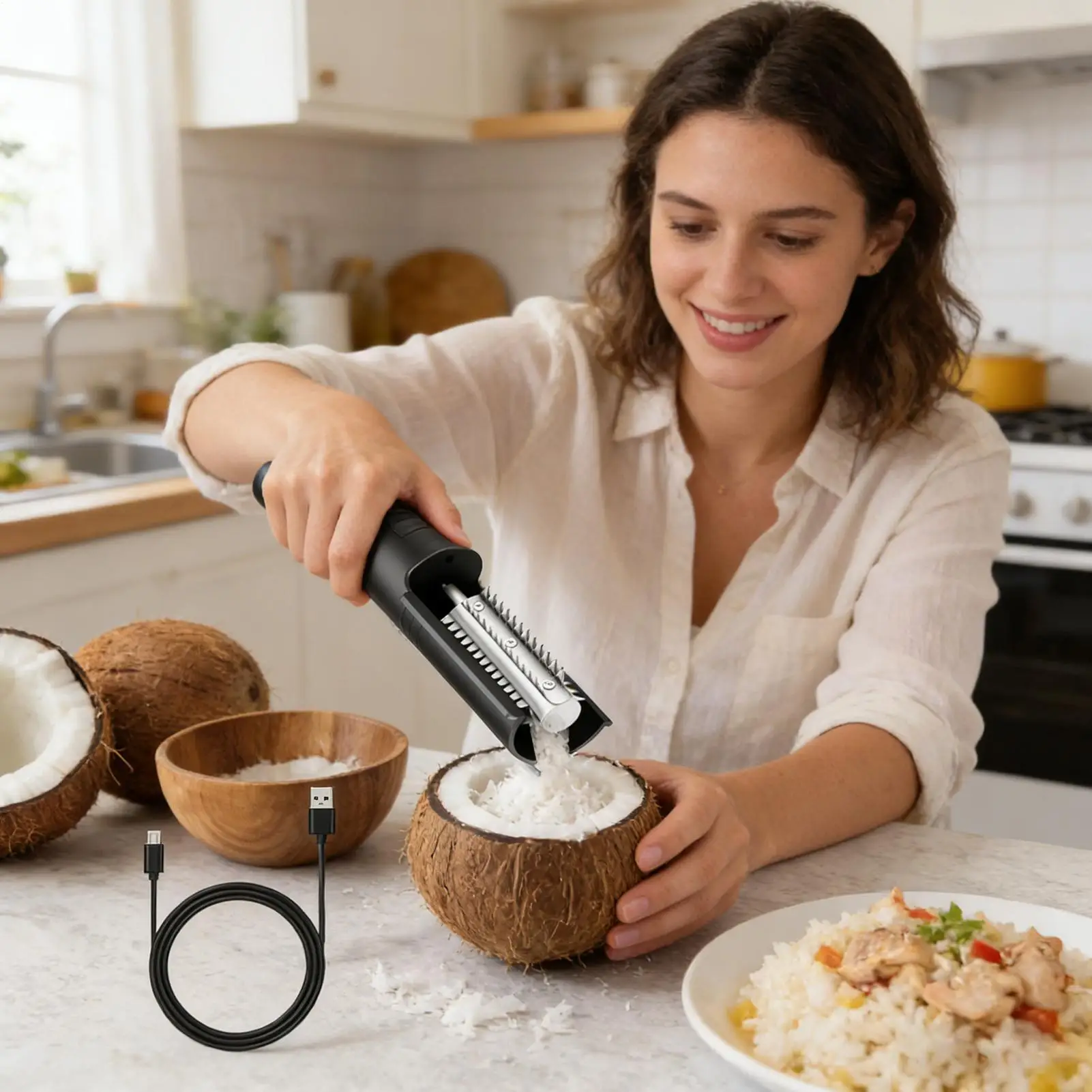 

Coco Grater Handheld Electric Anti-Splash Rotating Portable Tool Coco Removal Tool For Fish Kitchen Home Baking Cooking Holiday