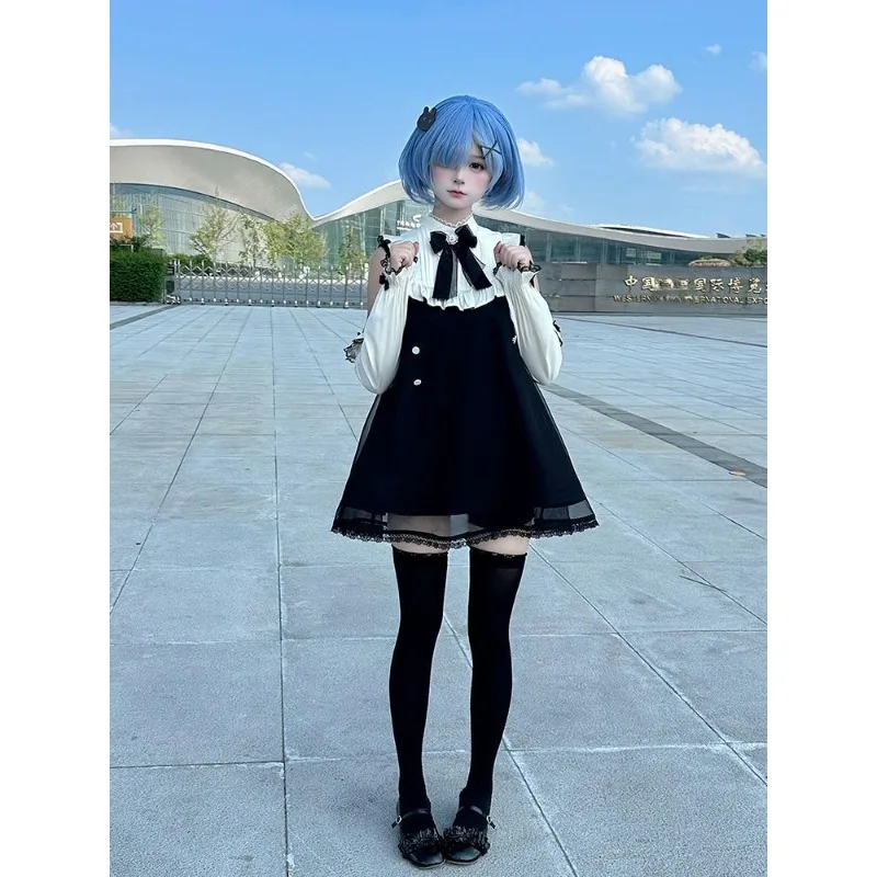 

Rem Sweet Japanese Lolita Dress Women Anime different world from zero Cosplay Costume Bow Dresses Wig Suit for Comic Con