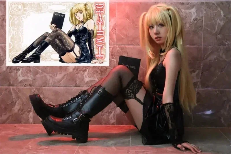 Disfraz de Death Note, Amane Misa, vestido Sexy de cuero de imitación, guantes, medias y collar, uniforme, disfraz de Cosplay