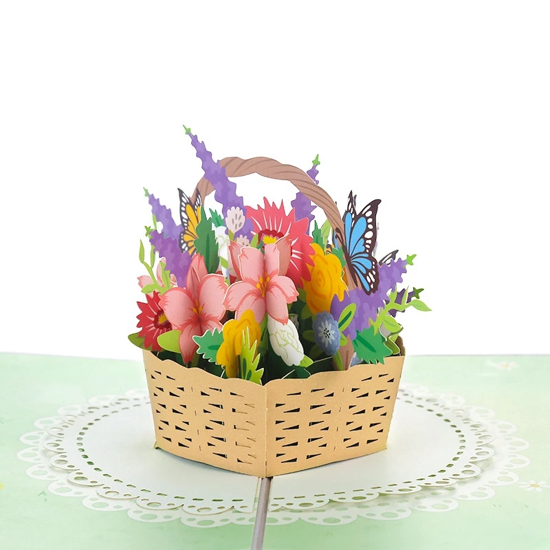 Cartão popup de cesta de flores, cartão de felicitações 3D para o dia das mães, dia dos namorados, pensamento de você, obrigado, casamento