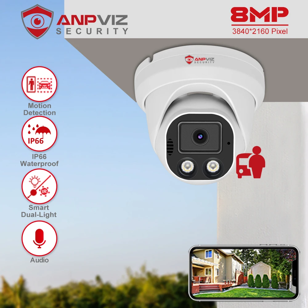 Anpviz 4K20fps Mini POE IP Turret Camera Outdoor Smart Dual Light ColorVU 30m CCTV Video IP66 H.265 Audio Motion  Detection 2.0