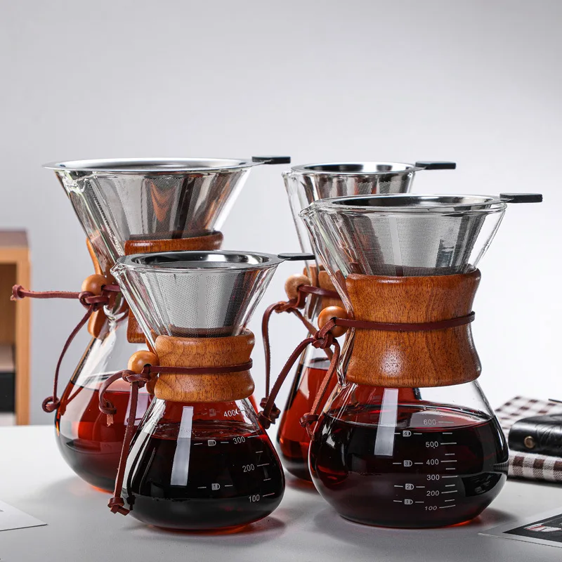 

Coffee Pot Wooden Handle Hand Brew Coffee Glass Drip Sharing Pot with Stainless Steel Filter Coffee Ware