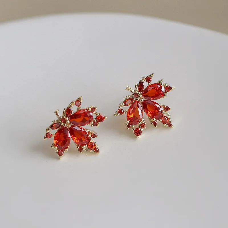 925 Sterling Silver Hot Sale Korean Red Maple Leaf Earrings Simple Temperament Exquisite Hot Sexy Jewelry Gift  For Women