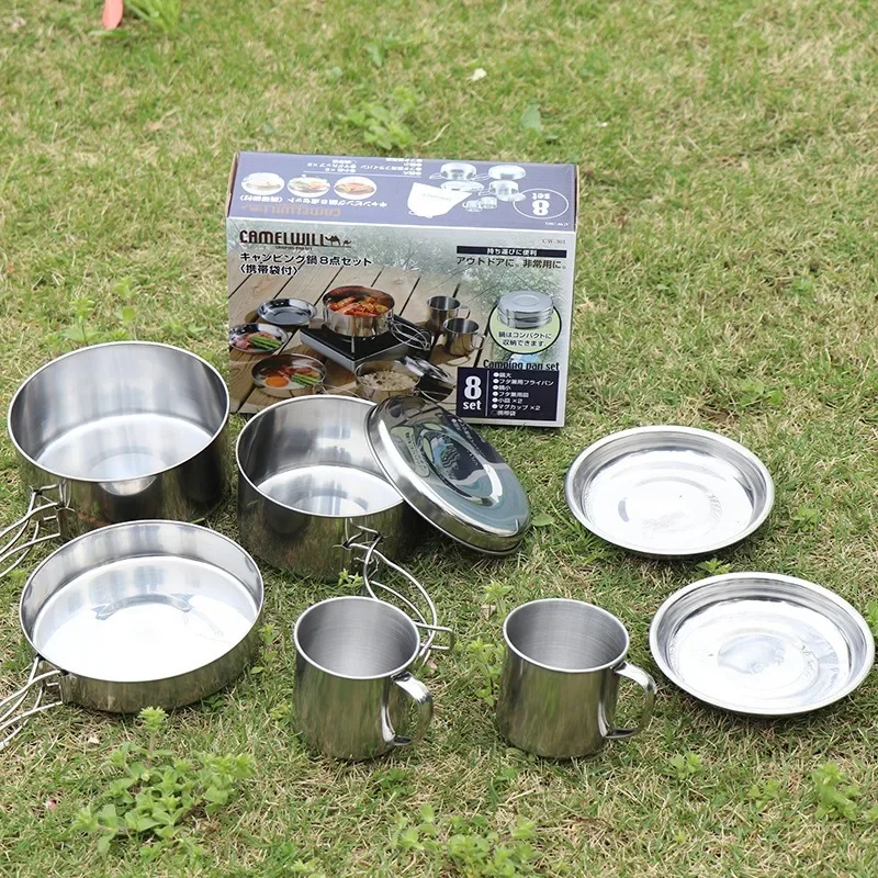 

8pcs/set Stainless Steel Outdoor Camping Cookware Set Portable Ultralight Picnic Hiking Cooking Pot Bowl Kit Camping Supplies