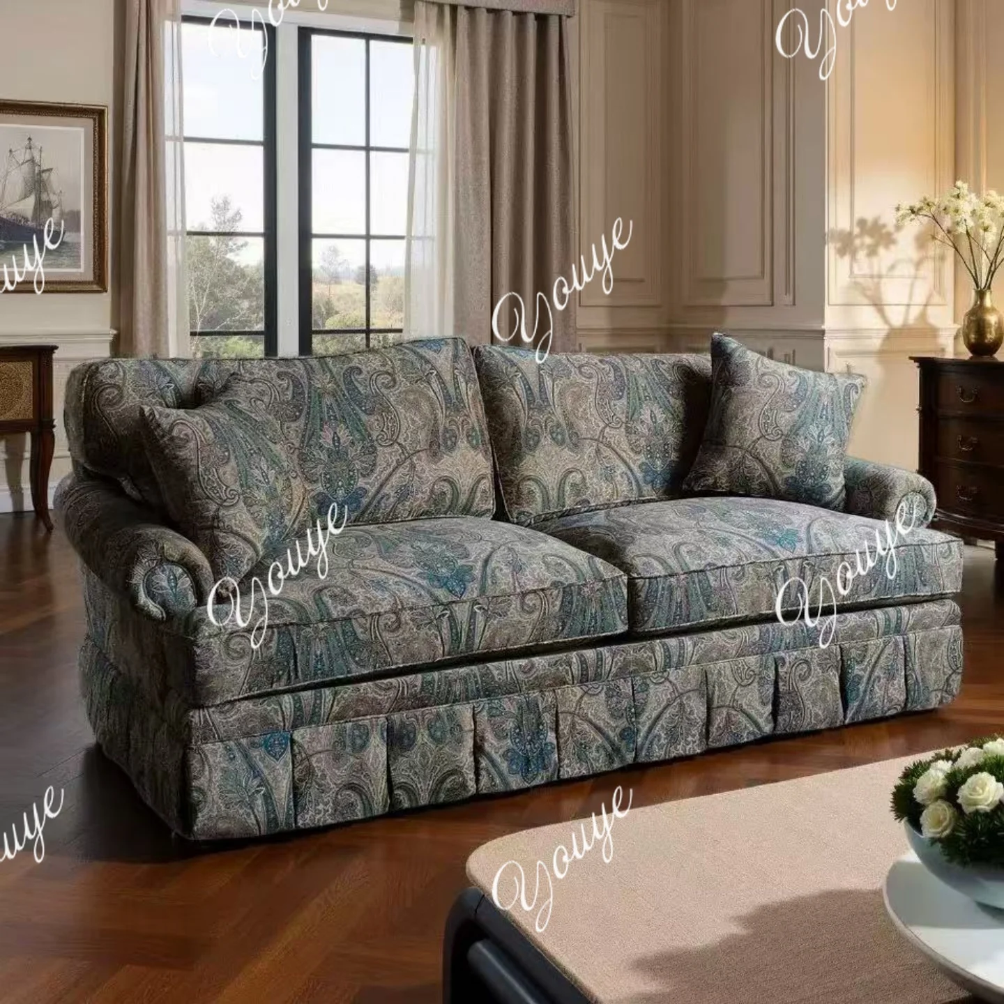

American country British style retro living room bedroom fabric French solid wood high-end villa high-back sofa