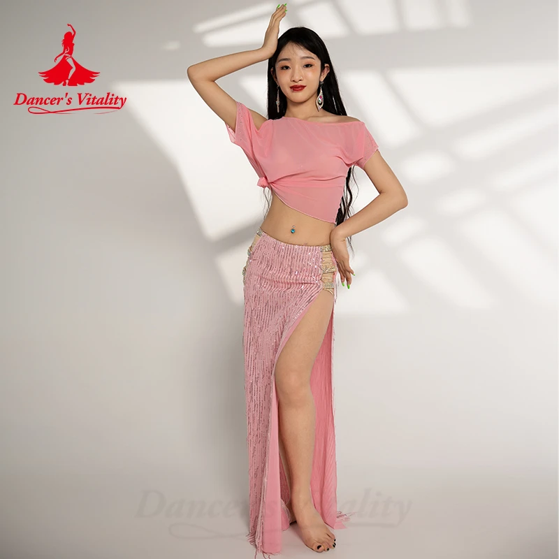 Belly Dance Performance Suit for Women Gauze Half Sleeves Top+bingbing Long Skirt 2pcs Girl's Oriental Belly Dancing Wear Outfit