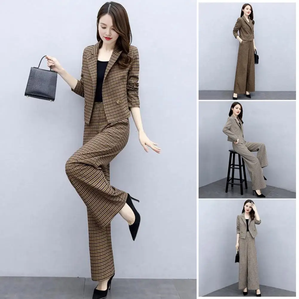 Women Coat Pants Set Stylish Women's Plaid Print Coat Pants Set Lapel Buttons Cardigan Long Sleeve Jacket Wide Leg for Formal