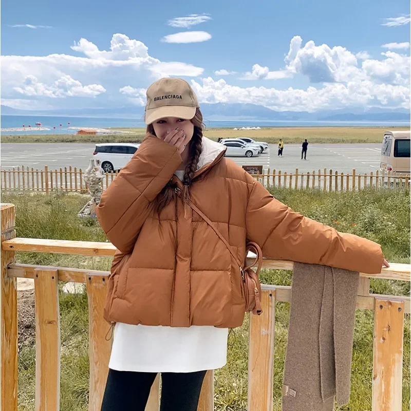 أزياء مزيج اللون سترات المرأة التلبيب زر مخفي أنماط قصيرة تصميم رشاقته معاطف الشتاء فضفاضة سستة سترة امرأة دافئة