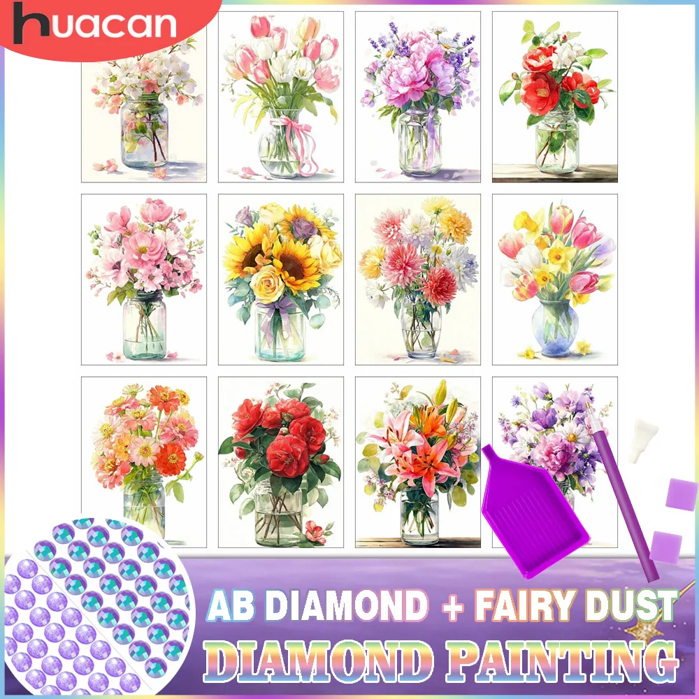 

HUACAN Diamond Art Painting Rose Flower Rhinestones Fairy Dust AB Diamond Mosaic 5D Floral Peony Home Wall Art Decoration