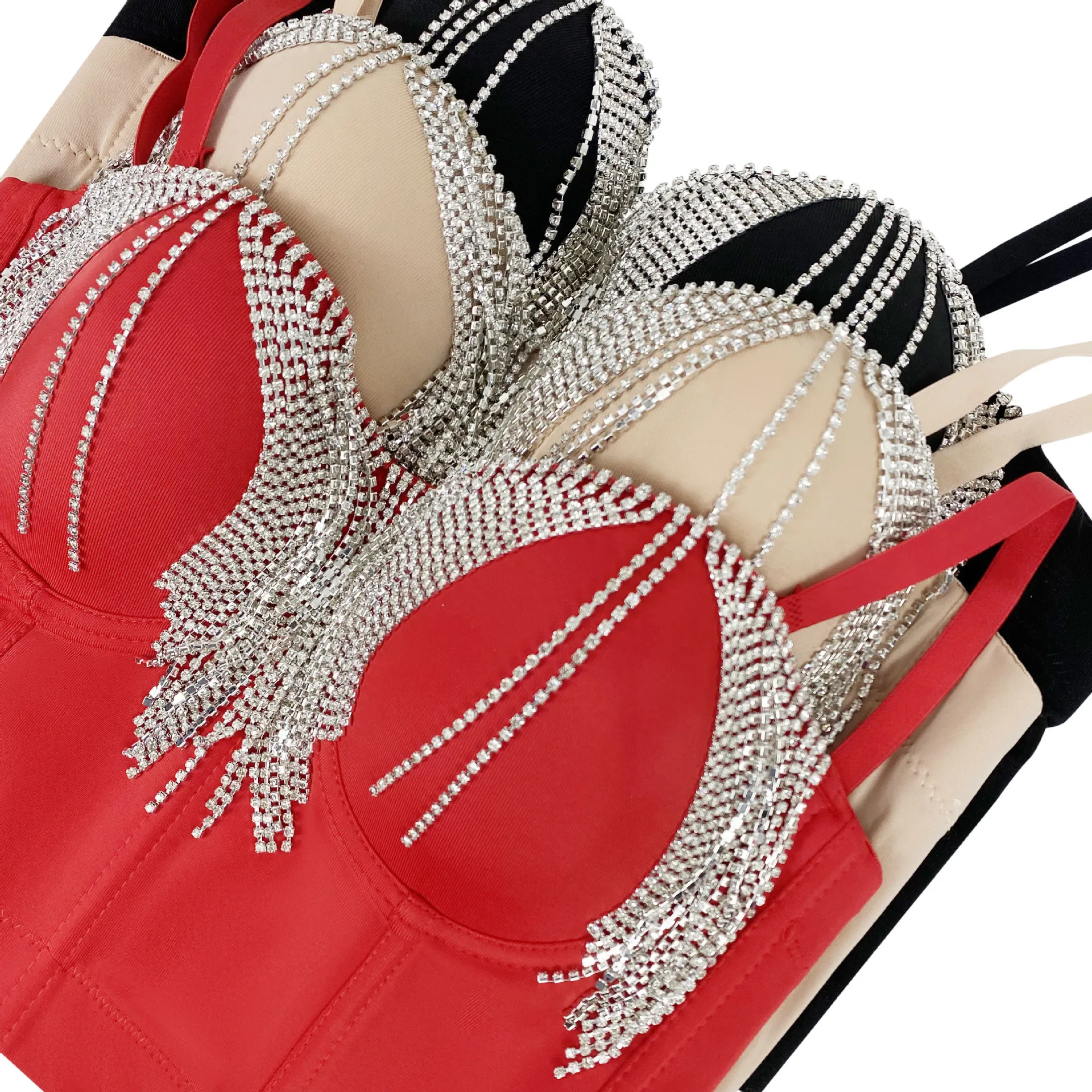 S-XXL Plus Size Lady Party diamentowy gorset z frędzlami dziewczyny Rhinestone klub nocny gorset Push Up Bralette kobiece Camis Lady krótki Top — zdjęcie 3
