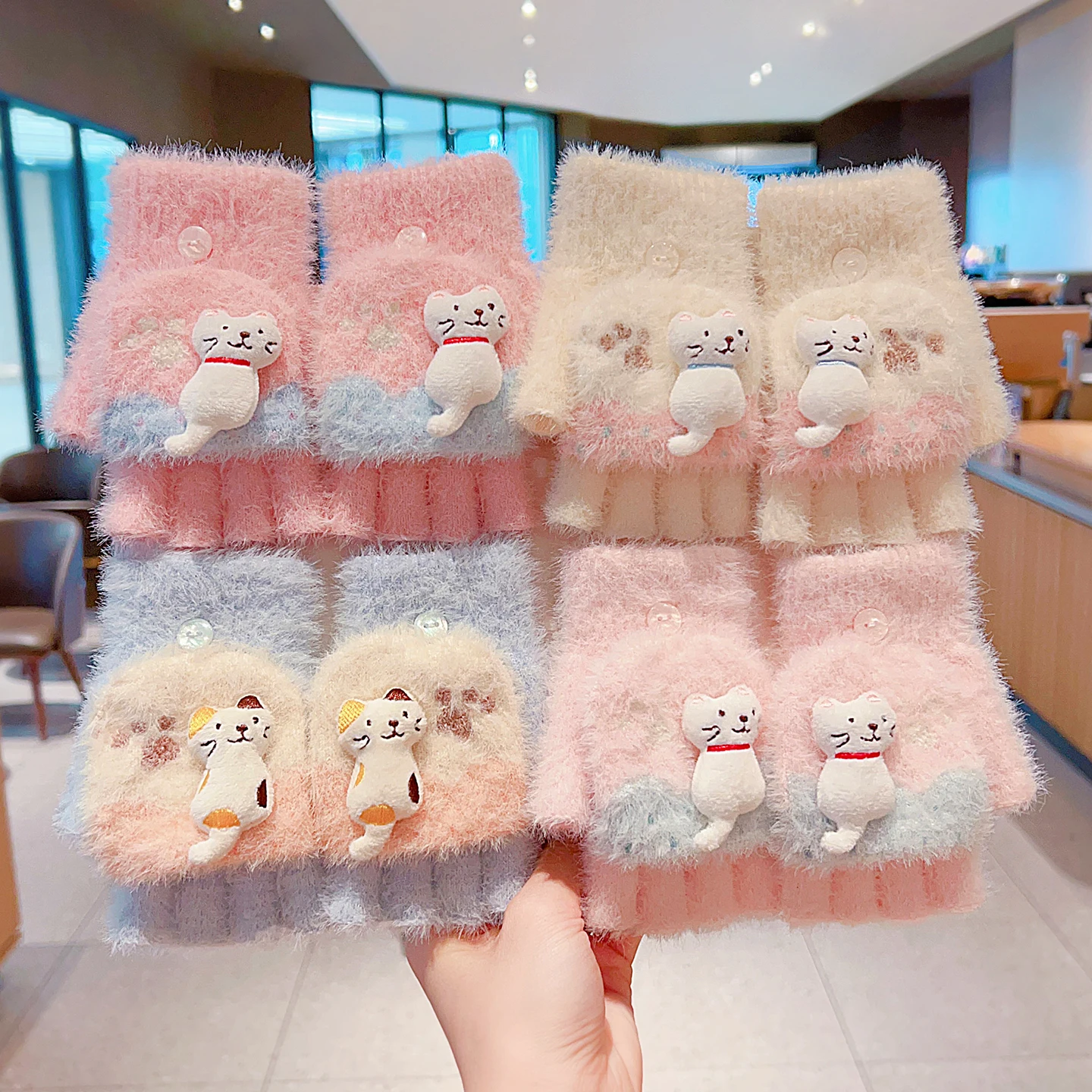 4-7Y Girls Winter 2 in 1 Convertible Flip Gloves Cute 3D Cat Decor Knitted Plush Gloves Kids Paw Print Windproof Thermal Mittens