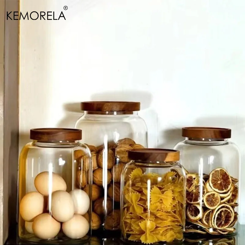 1PCS Coffee Bean Glass Storage Jar Large Capacity Sealed Storage Wood Cover Coffee Bean Storage Jar Organizer Kitchen Containers