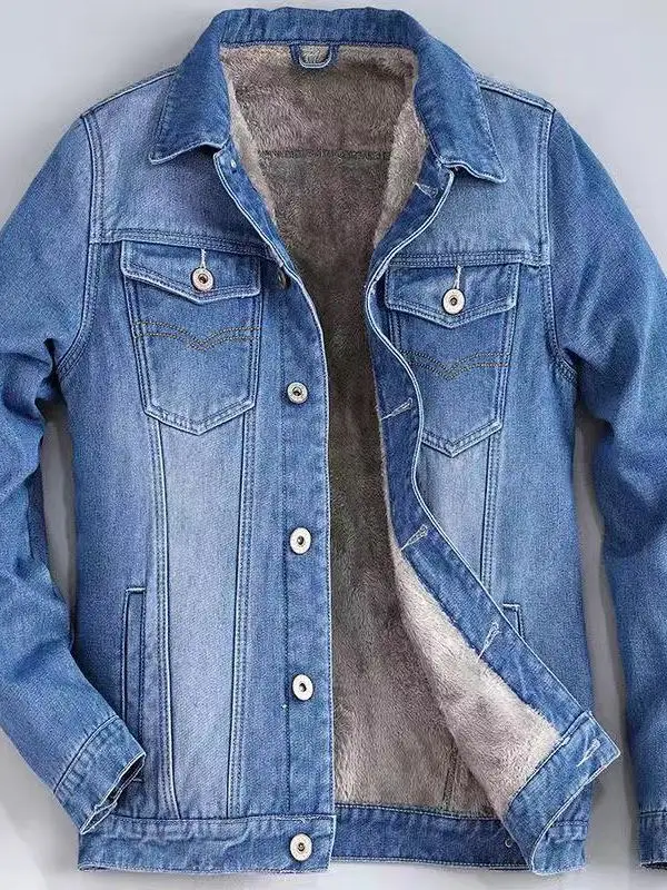 

Men's Winter Thiened Fce Denim Jaet Casual Wear Resistant Stainproof Large Size Loose Fit Workwear Sle Button Closure