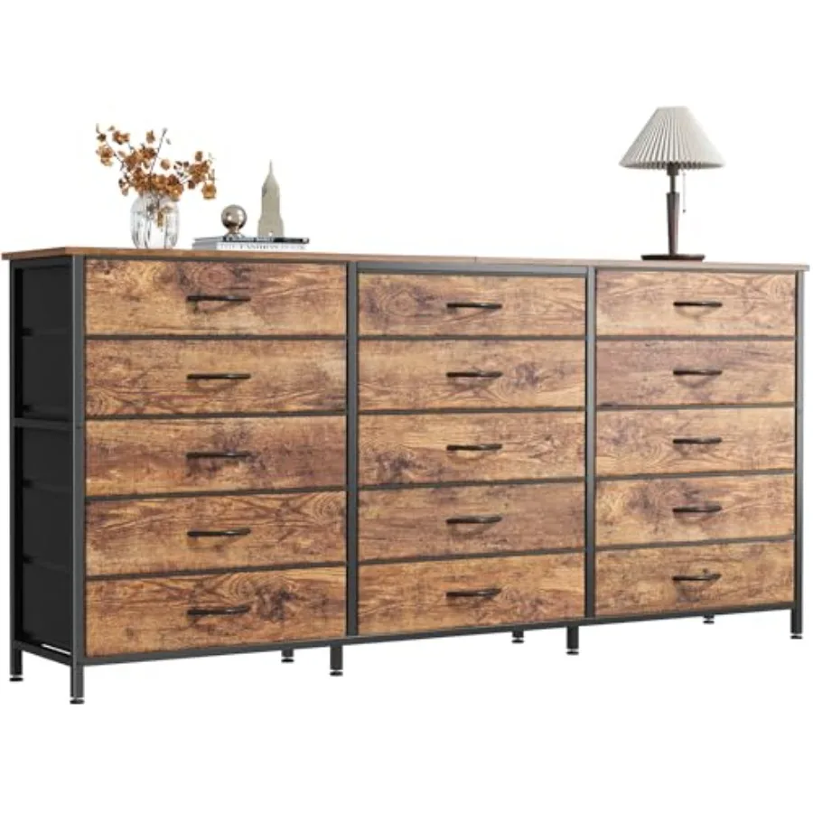 63 Inch Long Dresser TV Stand for 65 70 Inch TV 15 Drawer Dresser for Closet Bedroom Large Fabric Drawers Entryway Hallway Ches