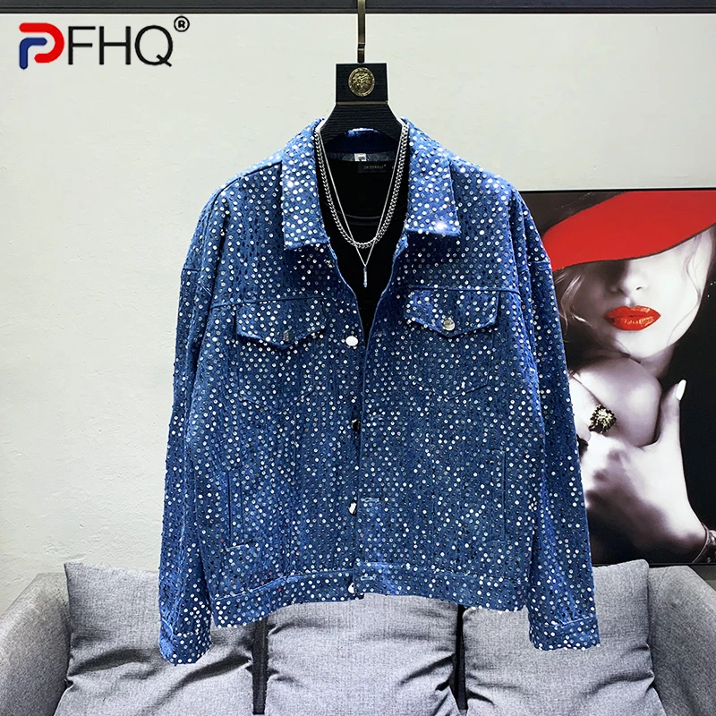 PFHQ Niche Design Street Sequin Denim Jacket Men\'s Personality Handsome Shiny Coat High Quality Elegant Trendy 2023 Spring New