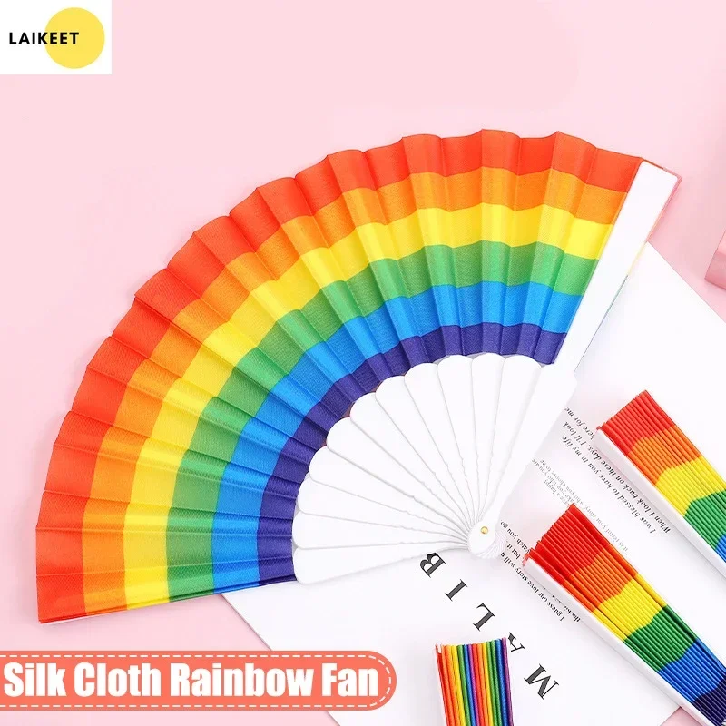 Rainbow Handheld Folding Fan Spanish Large Foldable Hand Portable Fan for Dance Art Wedding Festival Decoration Kids Gift