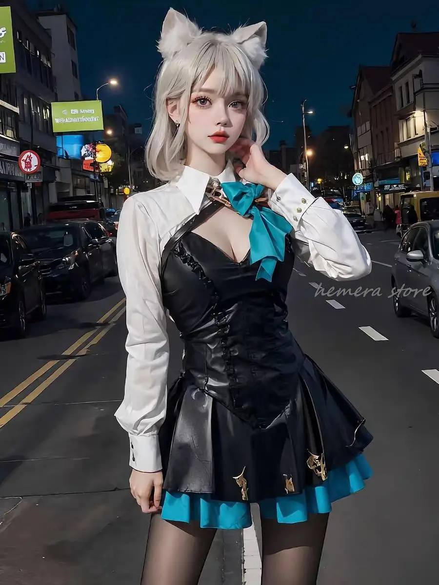 Lynette Cosplay Genshin Impact Costume Wig Fontaine Leather Cosplay Costume Uniform Dress Ears Skirt Glove Outfit Tail Magician