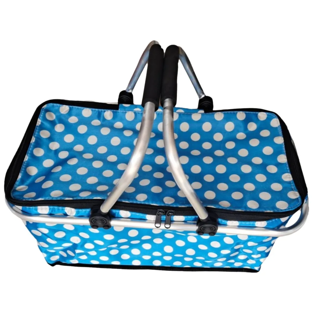 Satin Fabric Insulated Picnic Basket Polka Dot Pattern Zipper Closure Insulated Lunch Bag Portable Handles Insulated Lining