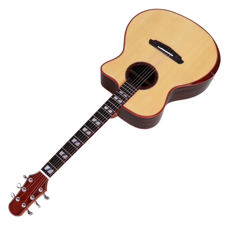 Flower inlayed acoustic guitar 41 inch solid spruce wood top high gloss 6 string folk guitar with radian corner