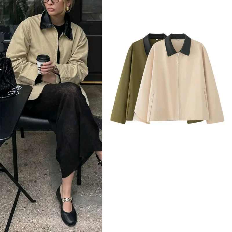 

Loose Long Sleeve PU Leather Jacket Women's Casual Style Commute Fashion Autumn New Arrival Short Coat Flip Collar Outerwear