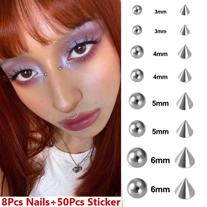 8pcs Stainless Steel Rivet Fake Lip Studs Stick-on Eyebrow Ring Non Piercing Jewelry Fake Nose Studs Set Face Piercing Jewelry