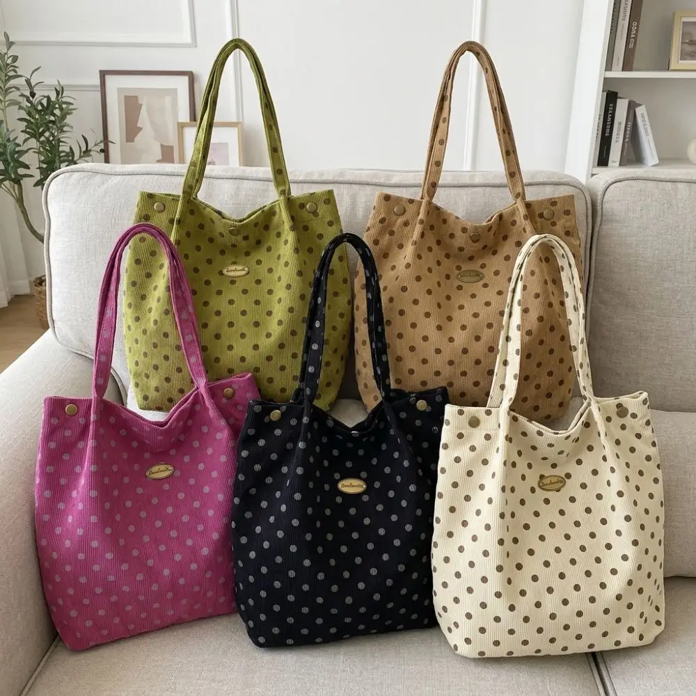 Cute Corduroy Shoulder Bag Polka Dots Retro Tote Handbag Versatile Large Capacity Underarm Bag Woman Commuting Shopping