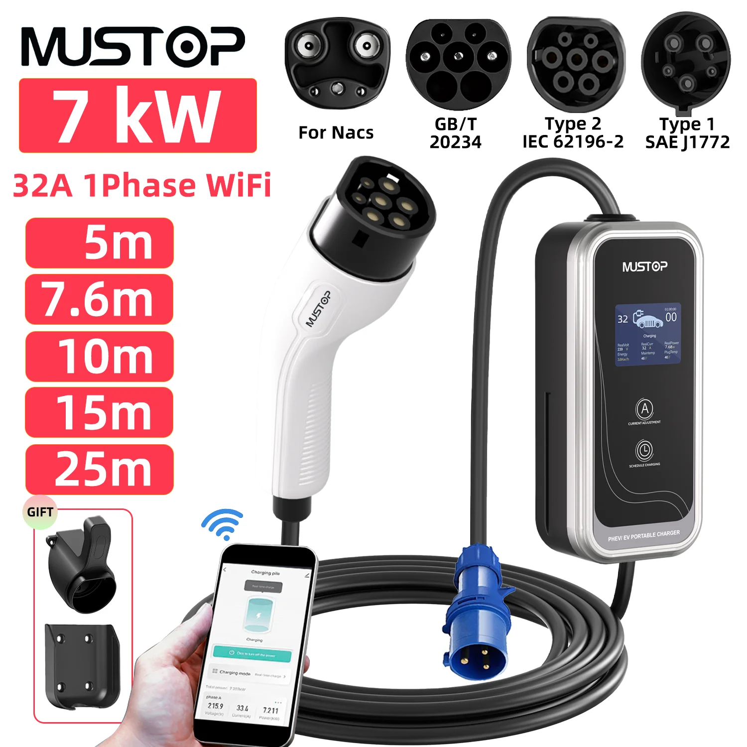 

MUSTOP 7KW Portable EV Charger Type2 GBT 1Phase 32A Cee Plug 25ft 5m 8m 10m 15m 25m j1772 Charging Station for Tesla NACS Type1