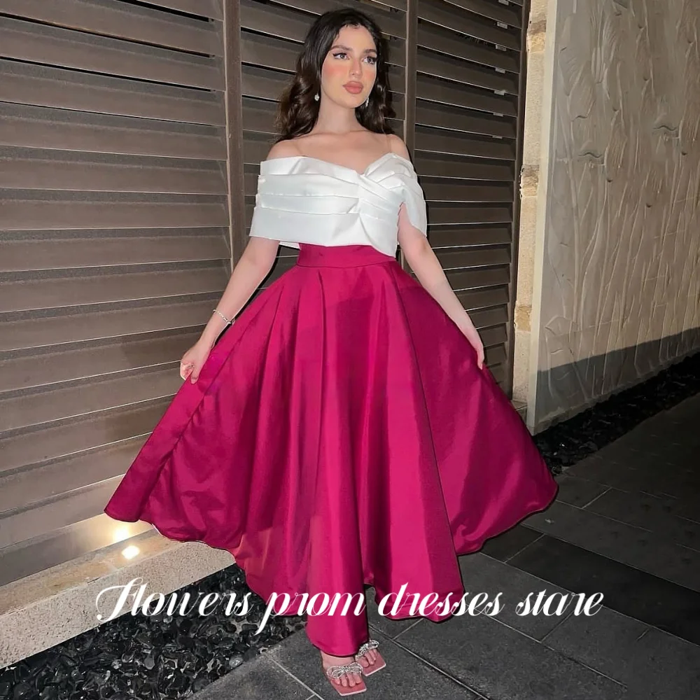 

Flowers Off the Shoulder Prom Dress A-Line Party Dress Pleats Evening Dress Formal Occasion Dress for Arabic Women Customized