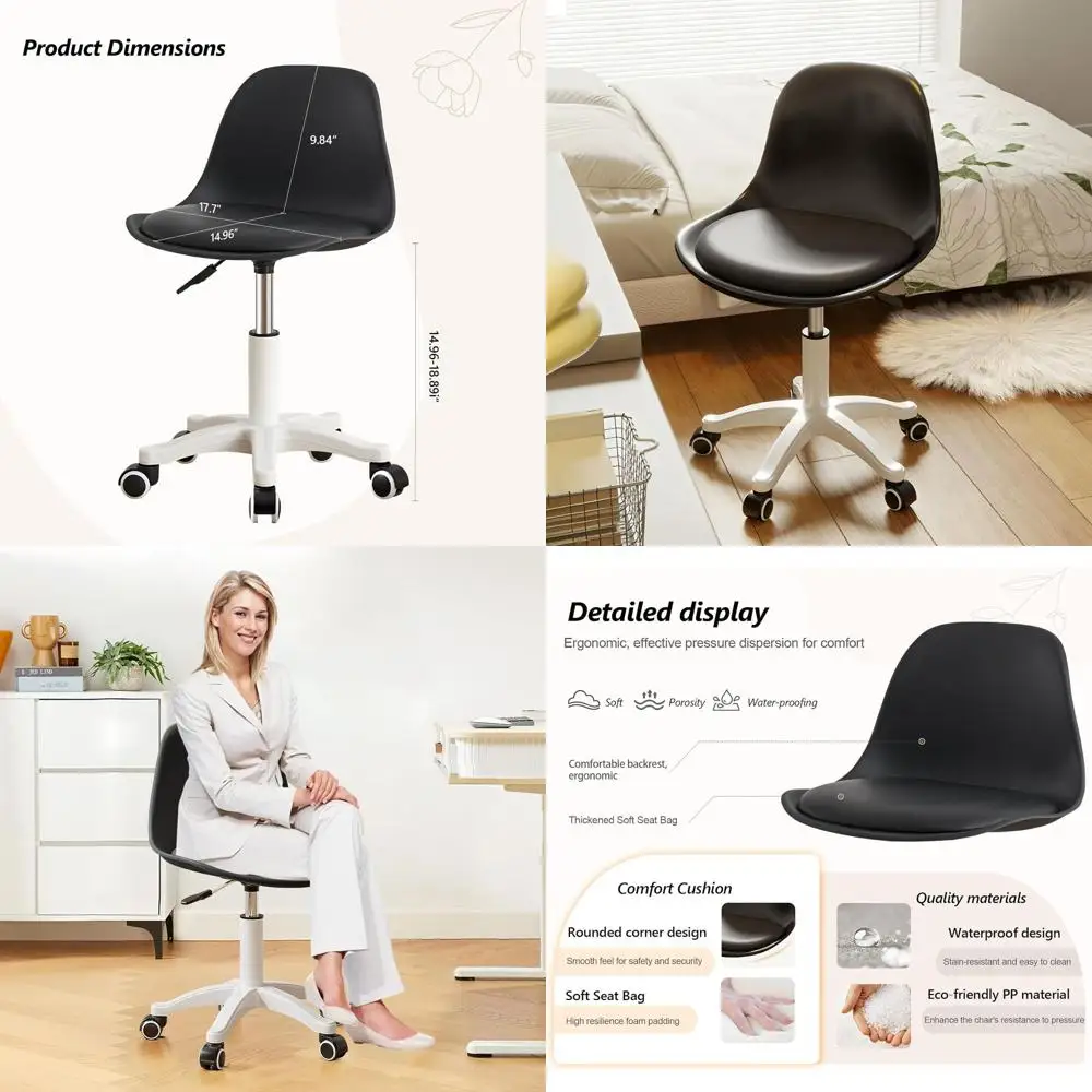 

Compact Desk Chair: Stylish Armless Task Chair with Cushioned Seat, Adjustable Height, Ideal for Home Office, Teens, Girls - Bla