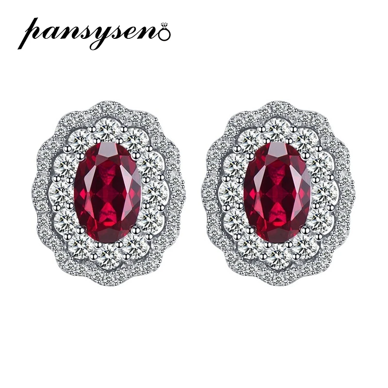 PANSYSEN Vintage 925 Sterling Silver 6*9MM Oval Ruby High Carbon Diamond Ear Stud Earrings for Women Wedding Party Fine Jewelry