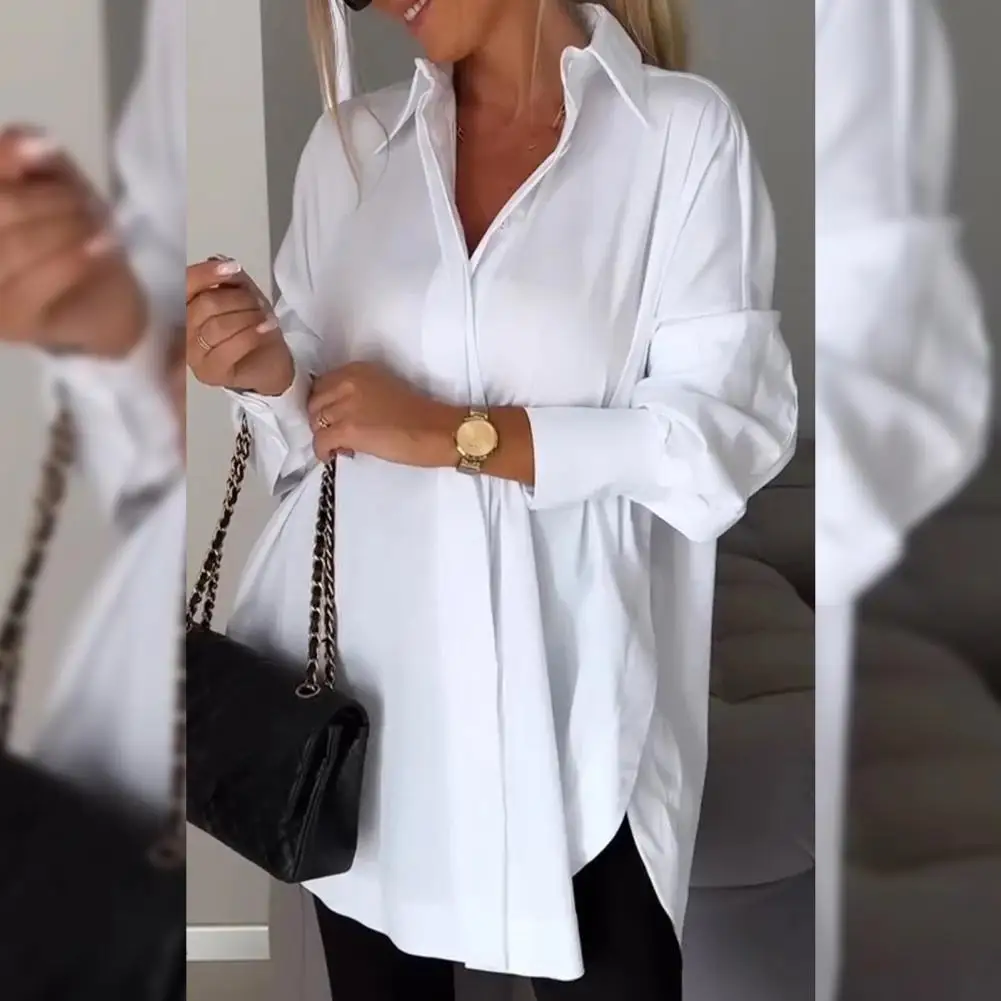 

Women Loose Fit Shirt Lapel Long Sleeve Solid Color Shirt Stylish Women's Spring/summer Workwear with Side Split Mid-length