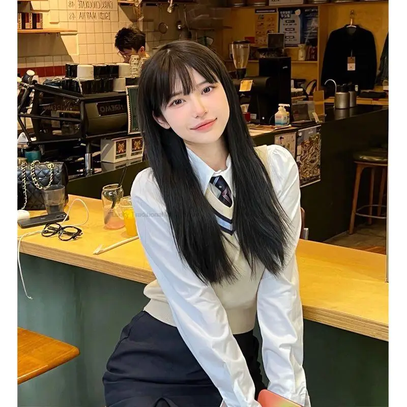 Improved Jk Uniform Japan Korea Style Girl Sweet Vest long-sleeved Shirt Skirt Set College Style Casual Daily Jk Uniform Set