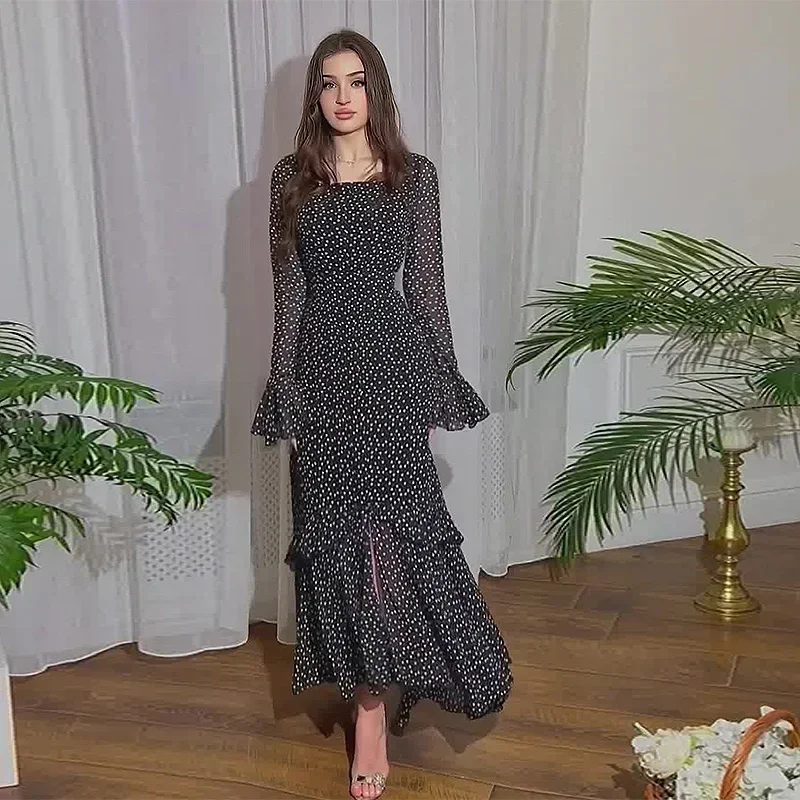 Vestido com estampa em bolinhas feminino, assimétrico, em camadas, manga comprida, detalhes de gravata, cintura alta, fino, fresco, doce, elegante