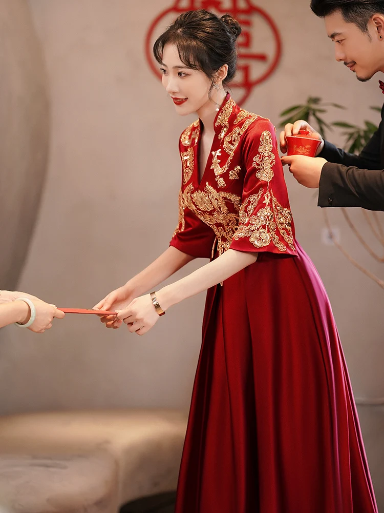 

New Chinese Sle Wedding Dr V-Ne Long Sve Materni plus Size Materni Gown Belly Covering Bridal Gown Ele