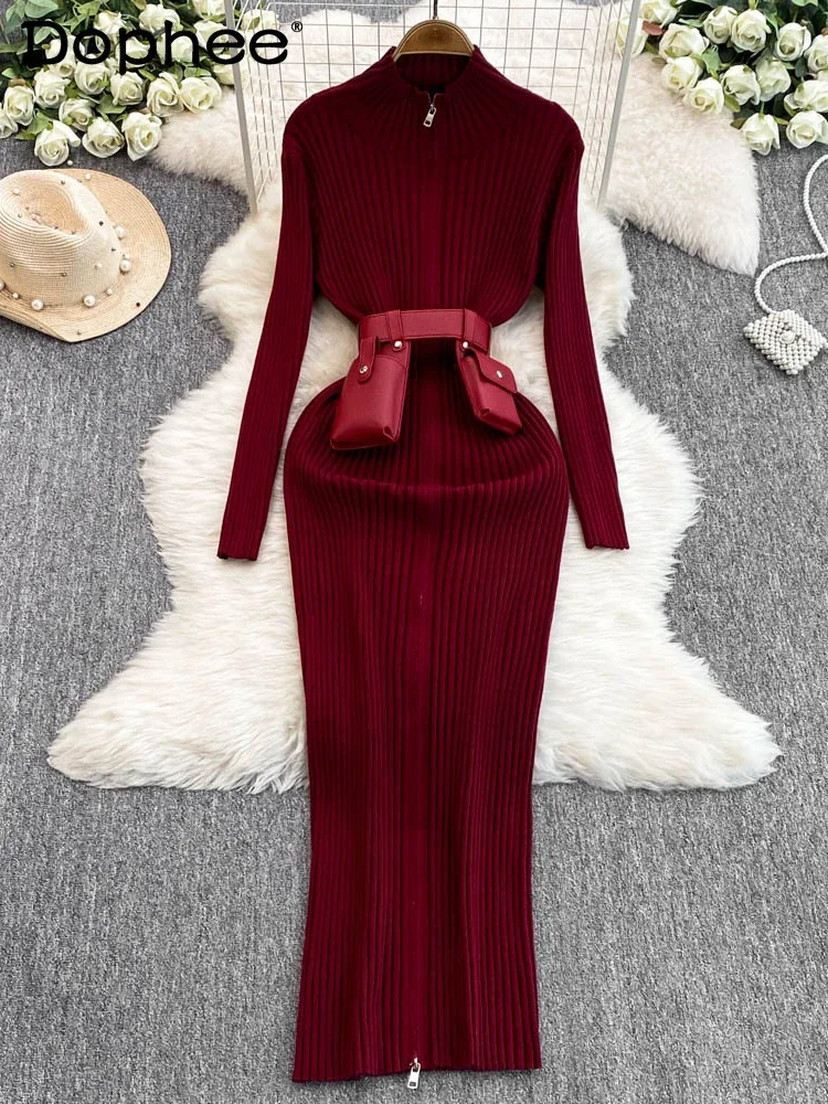 French Temperament Black Turtleneck Dress Women's Autumn and Winter Design Sense Fanny Pack Sexy Girl Hip Wrap Long Dress